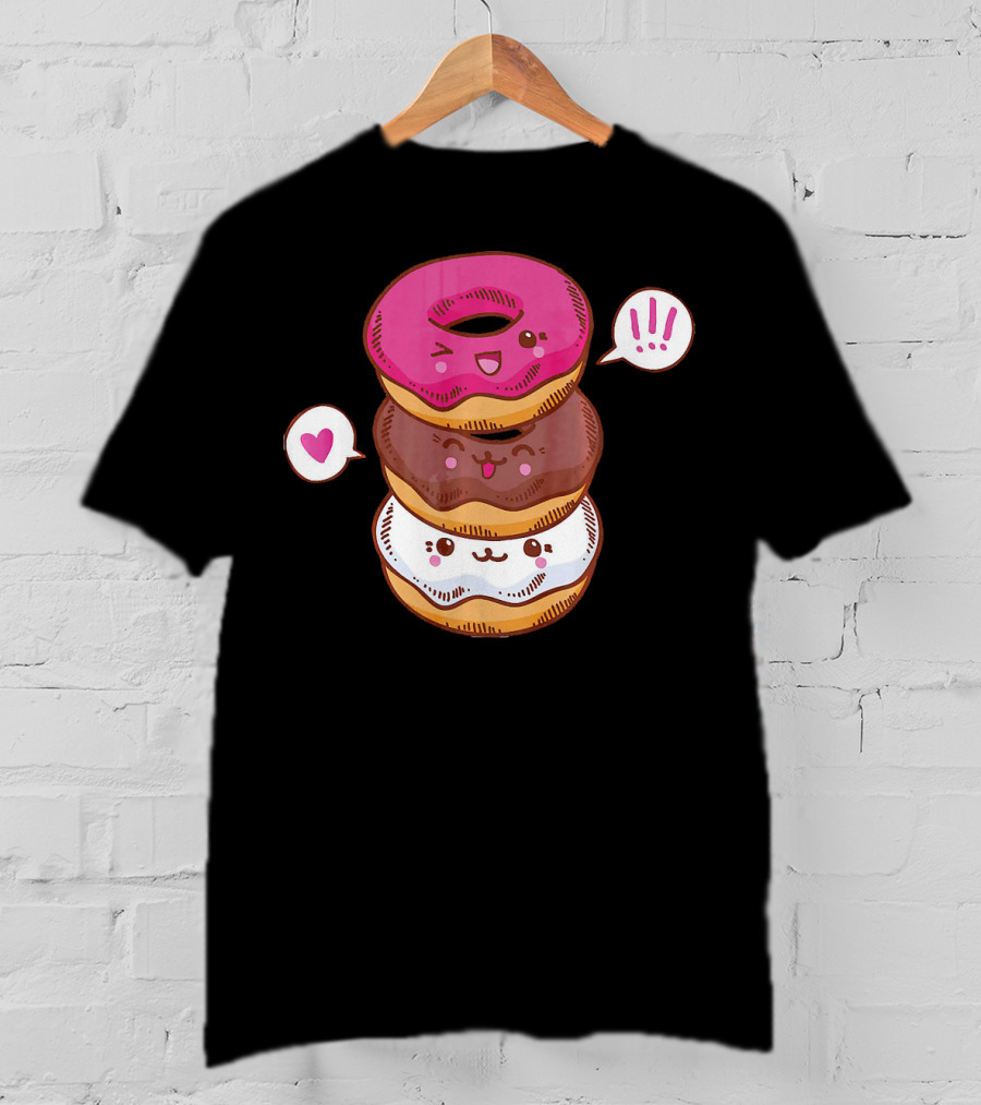 Kawaii Cheerleading Donut Stack With Cute Expressions And Heart Speech Bubbles T-Shirt