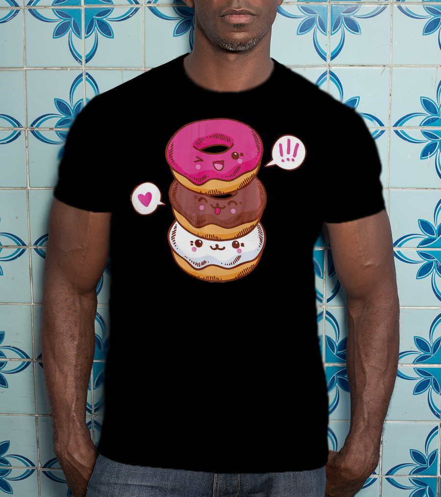 Kawaii Cheerleading Donut Stack With Cute Expressions And Heart Speech Bubbles T-Shirt