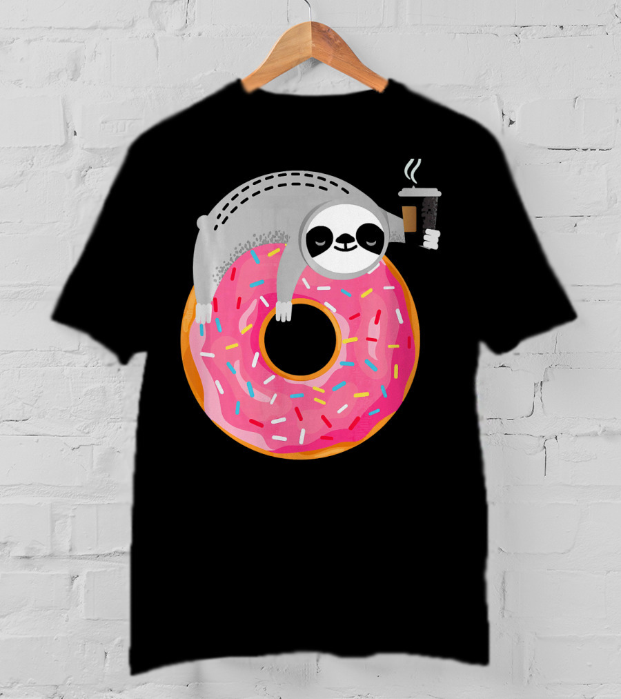 Sloth Relaxing On Sprinkled Donut Holding Steaming Coffee Cup T-Shirt
