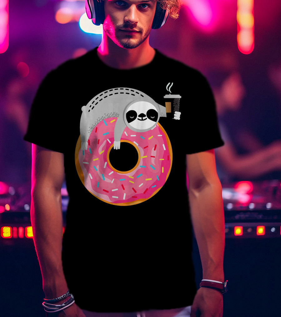 Sloth Relaxing On Sprinkled Donut Holding Steaming Coffee Cup T-Shirt