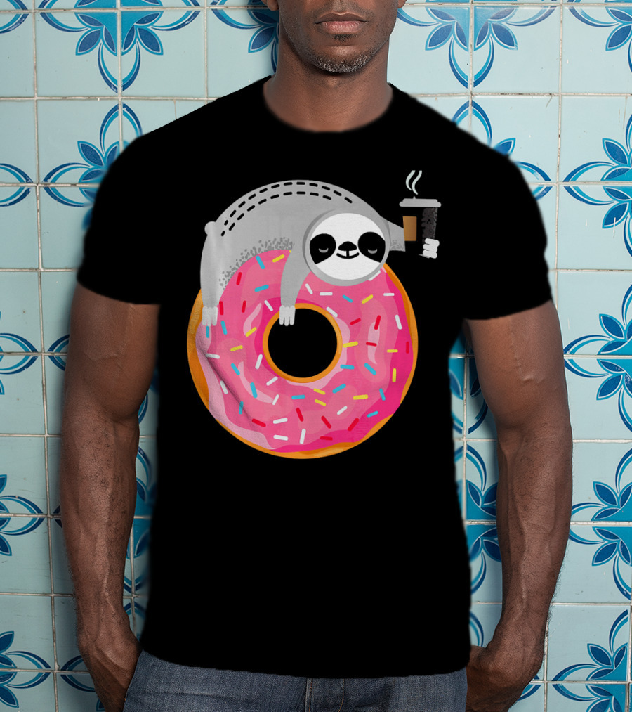 Sloth Relaxing On Sprinkled Donut Holding Steaming Coffee Cup T-Shirt