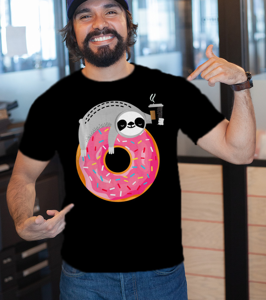 Sloth Relaxing On Sprinkled Donut Holding Steaming Coffee Cup T-Shirt