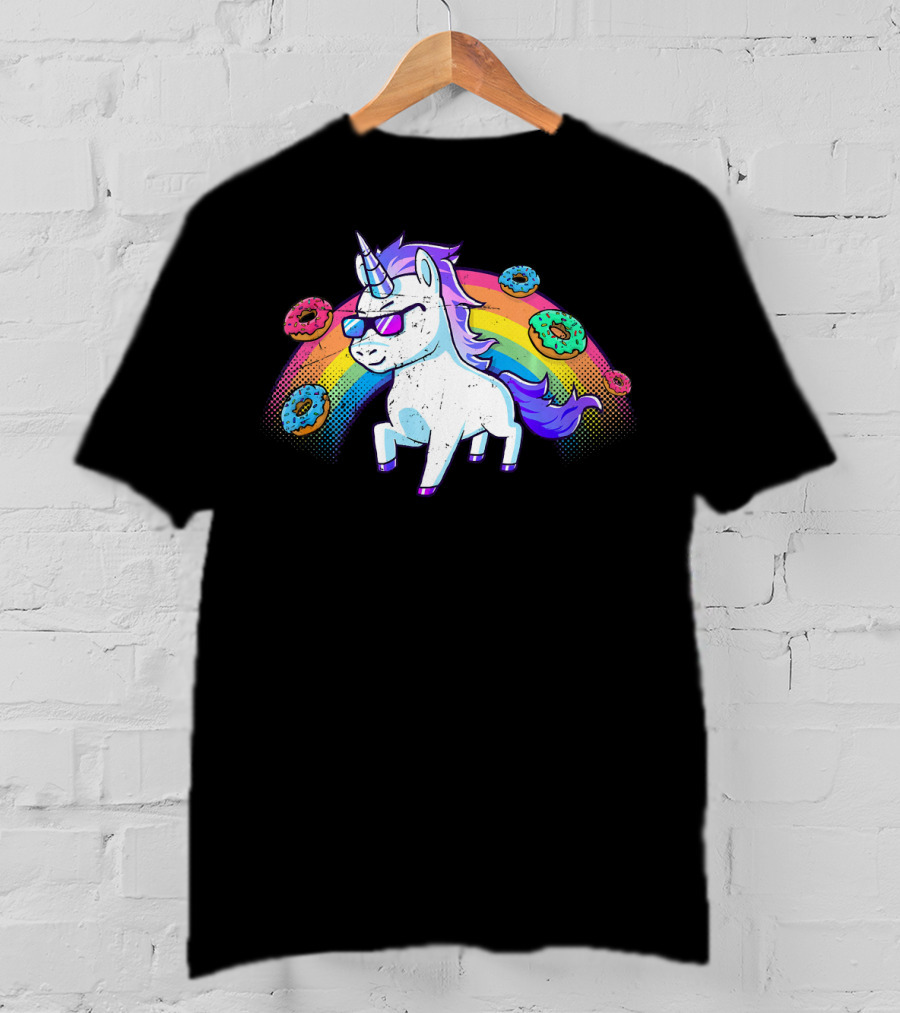 Donut Unicorn In Sunglasses With Rainbow T-Shirt