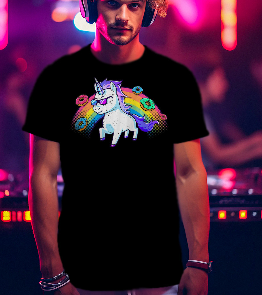 Donut Unicorn In Sunglasses With Rainbow T-Shirt
