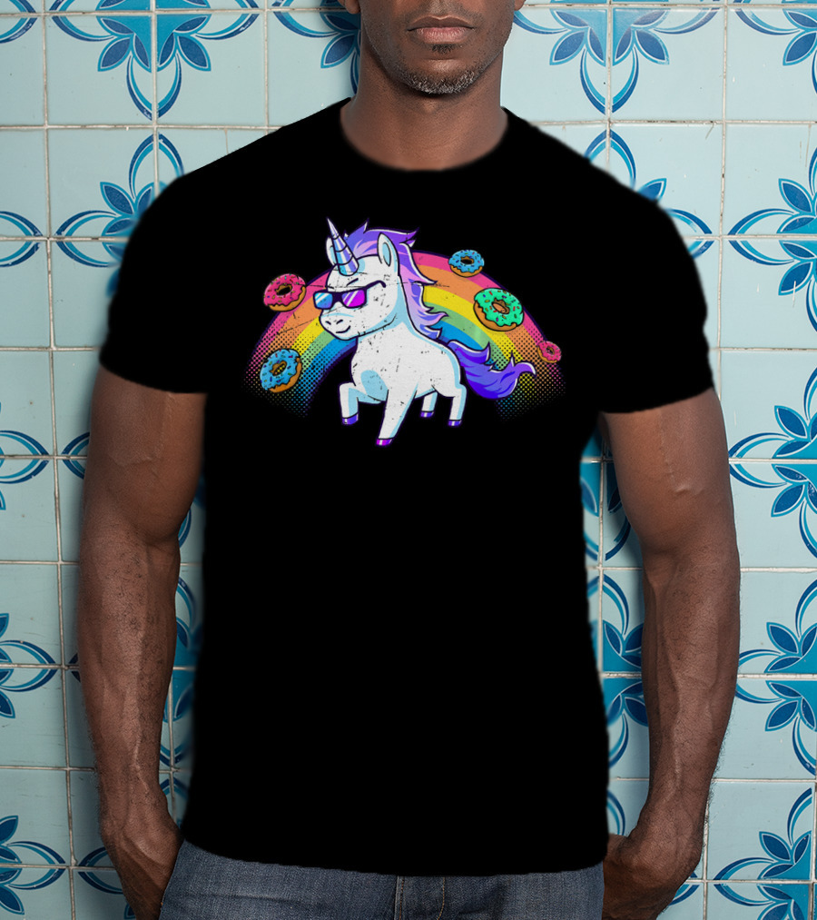 Donut Unicorn In Sunglasses With Rainbow T-Shirt