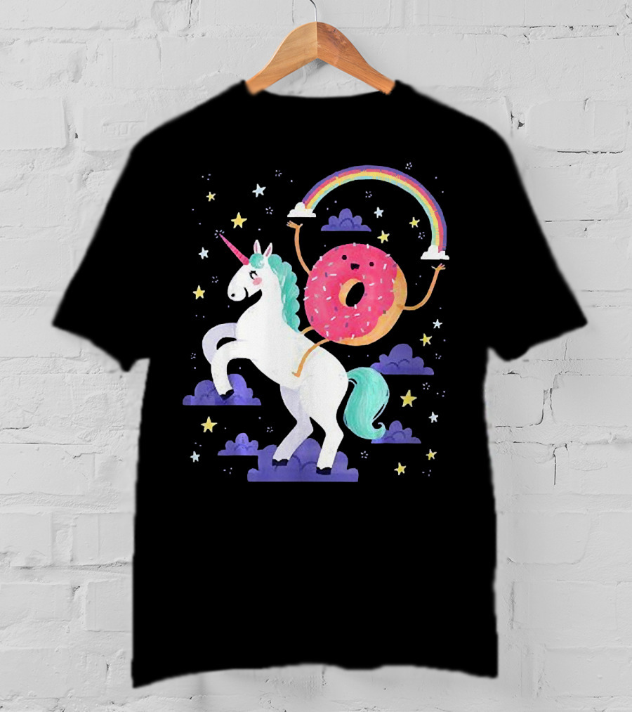 Donut Riding Unicorn With Rainbow And Stars T-Shirt