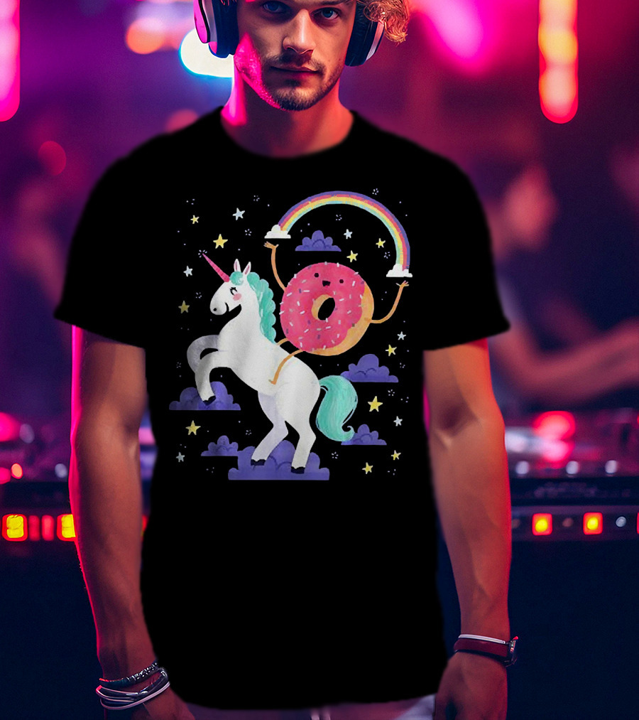 Donut Riding Unicorn With Rainbow And Stars T-Shirt