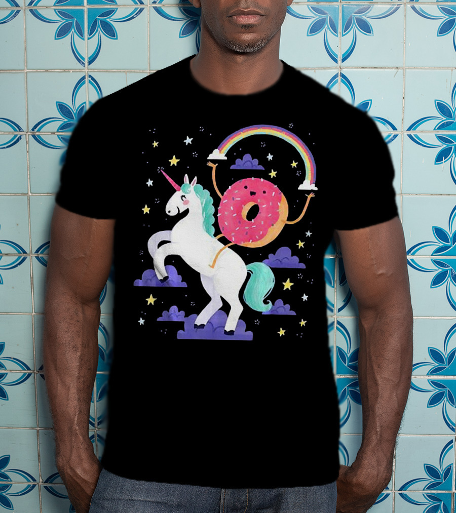 Donut Riding Unicorn With Rainbow And Stars T-Shirt