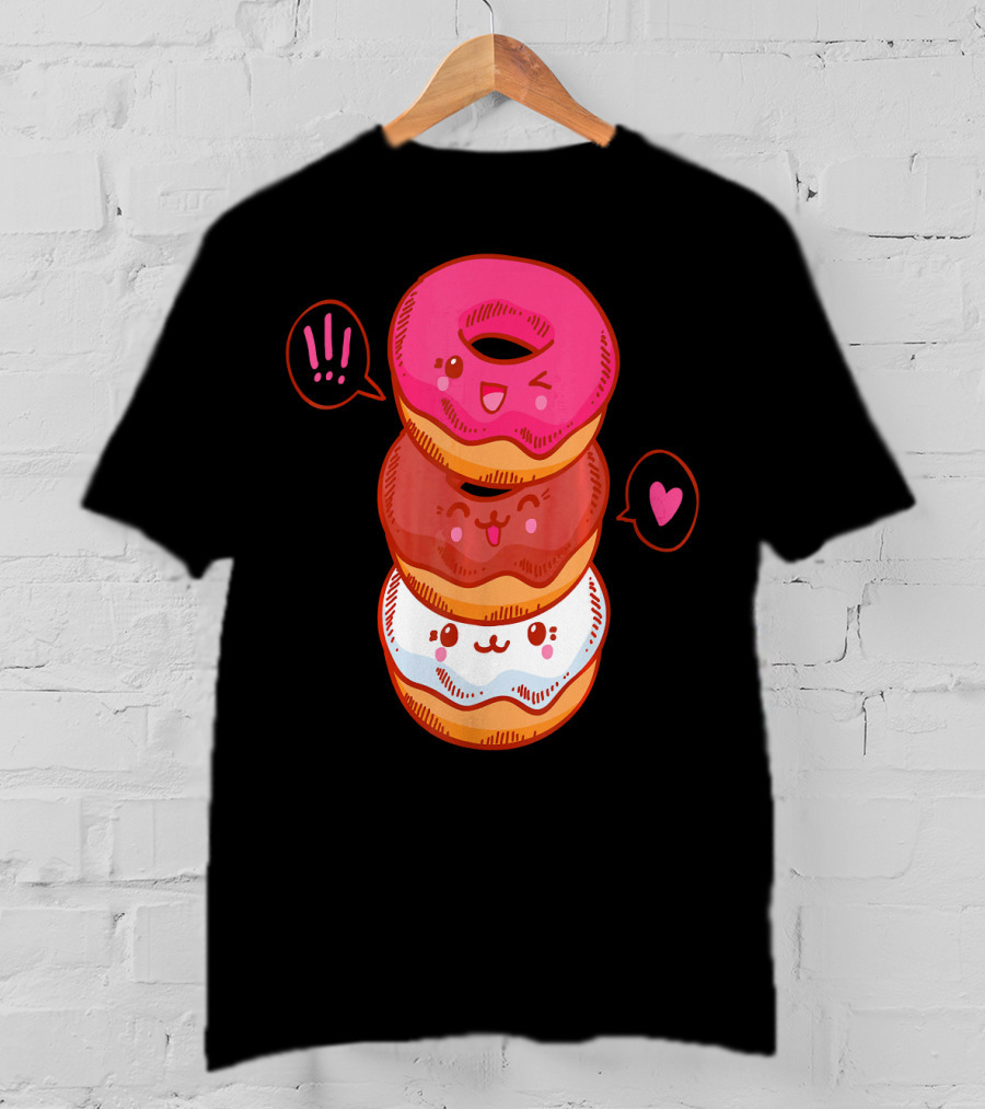 Kawaii Donuts Stack With Cute Faces And Heart T-Shirt
