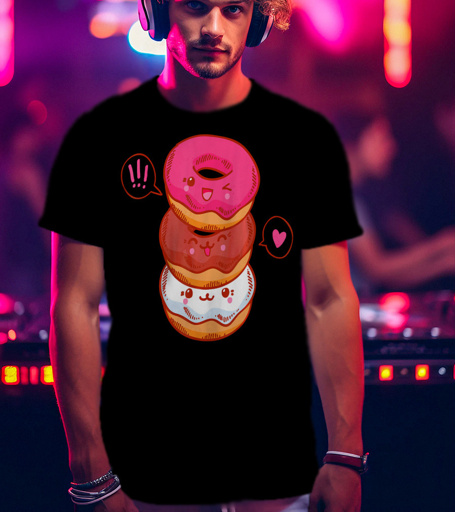 Kawaii Donuts Stack With Cute Faces And Heart T-Shirt