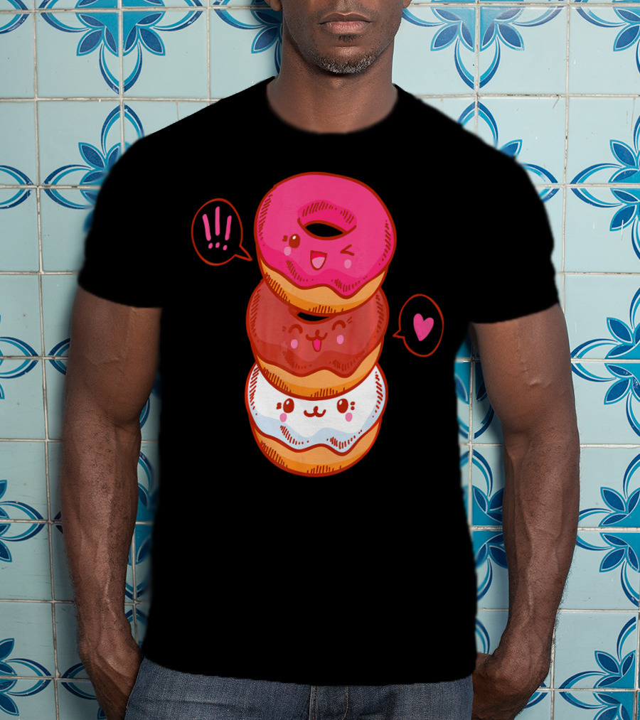 Kawaii Donuts Stack With Cute Faces And Heart T-Shirt