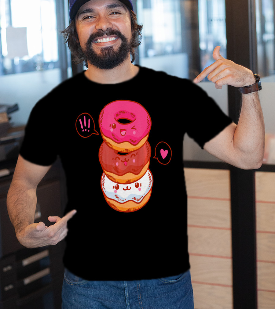 Kawaii Donuts Stack With Cute Faces And Heart T-Shirt