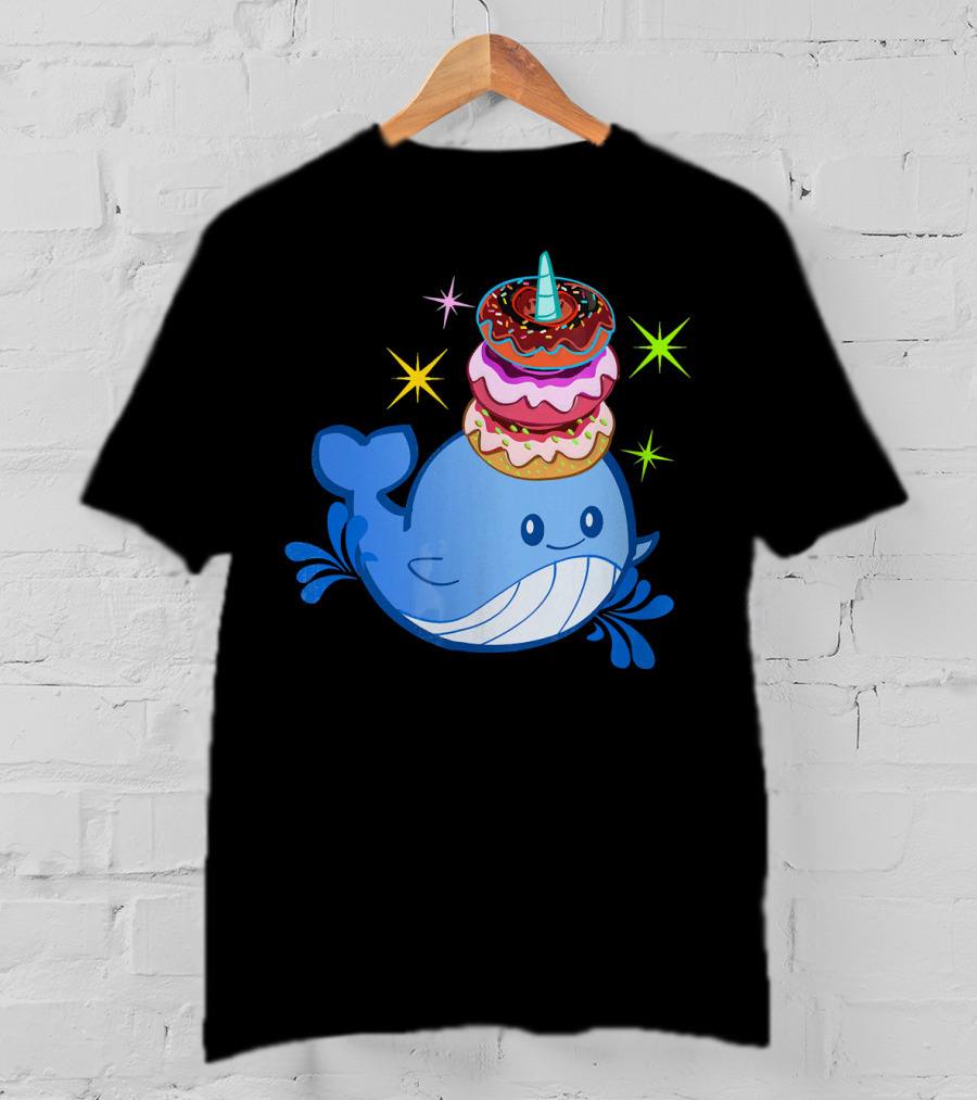 Cute Narwhal Balancing Colorful Donuts T-Shirt
