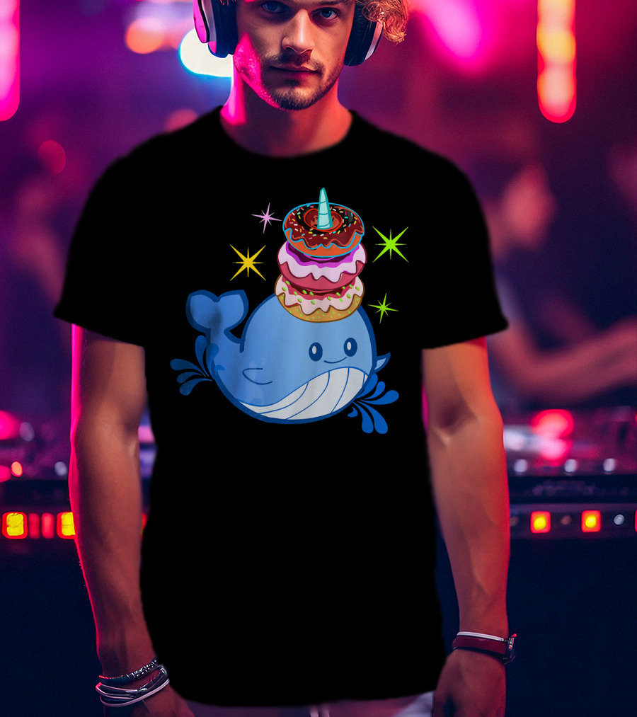 Cute Narwhal Balancing Colorful Donuts T-Shirt