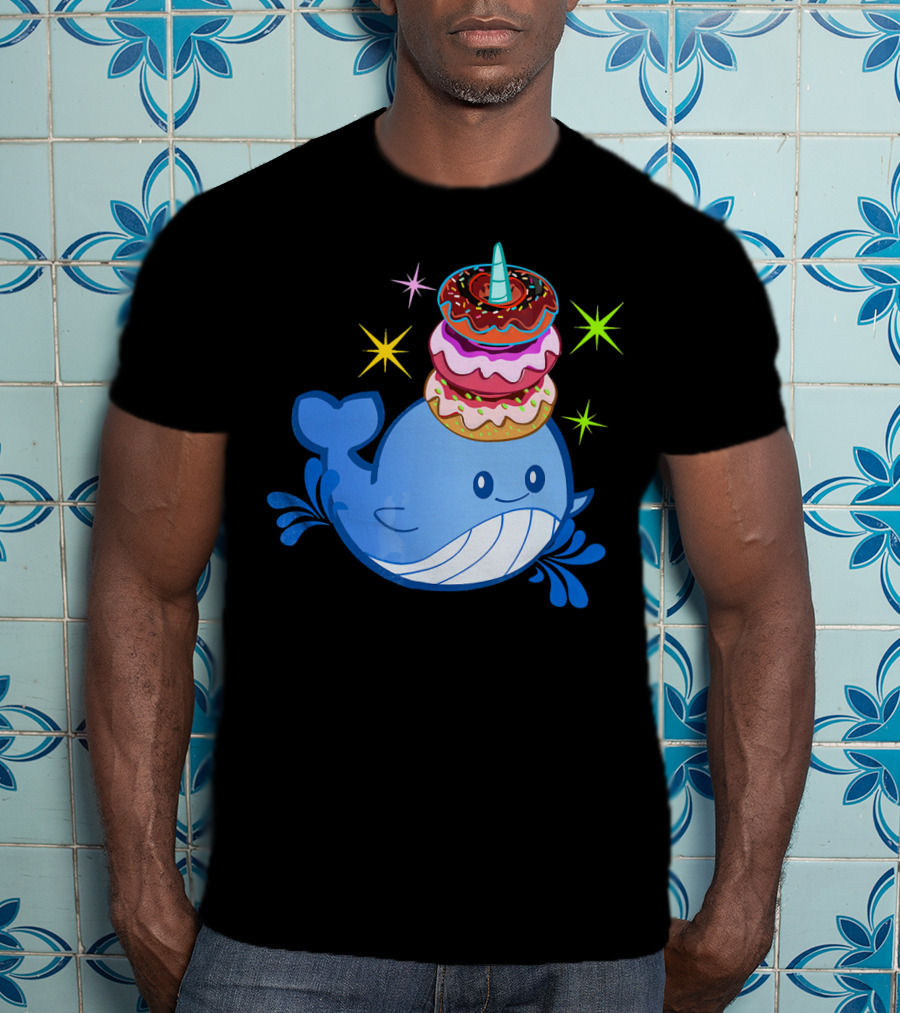 Cute Narwhal Balancing Colorful Donuts T-Shirt