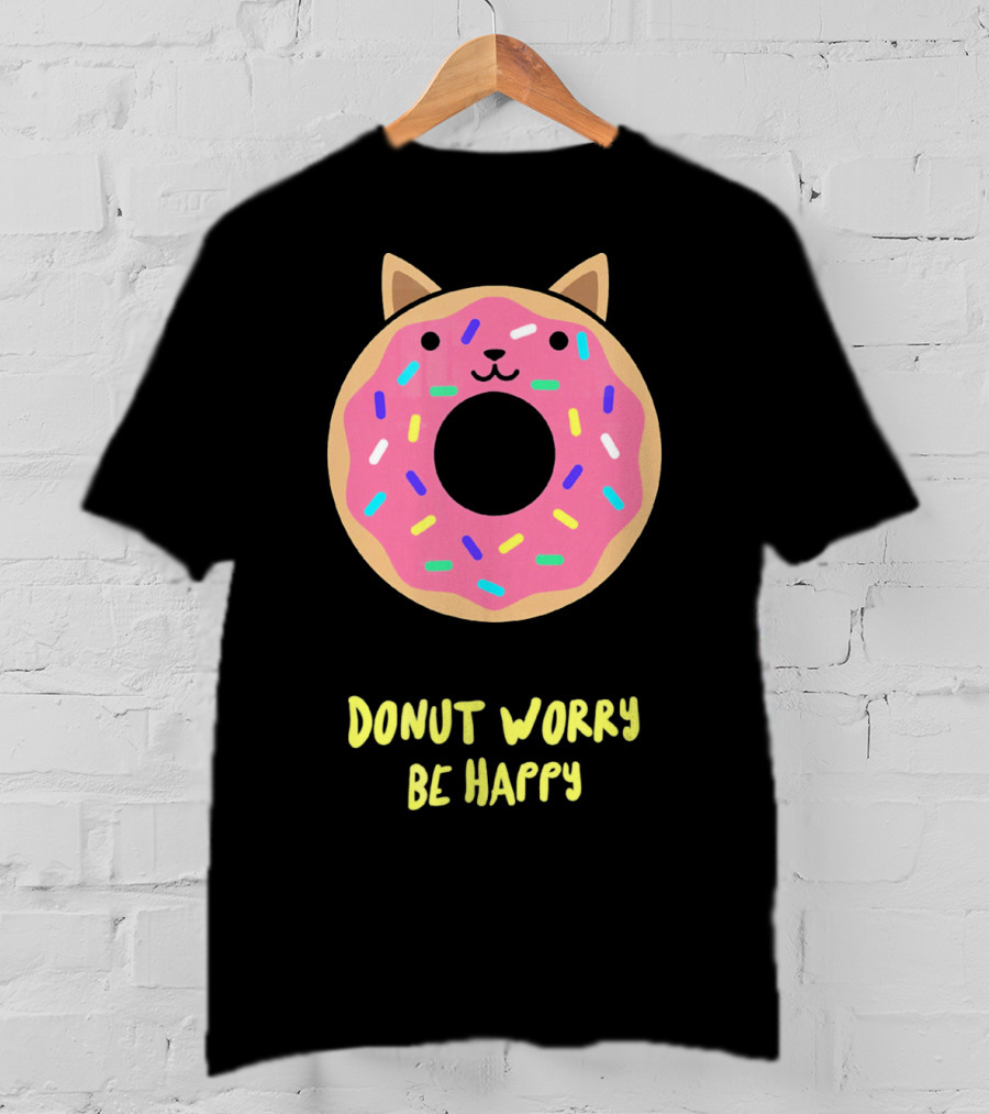 Kawaii Japanese Anime Pink Sprinkle Cat Donut Worry Be Happy T-Shirt