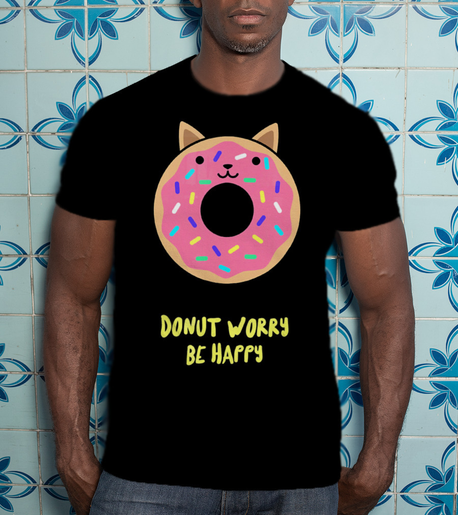 Kawaii Japanese Anime Pink Sprinkle Cat Donut Worry Be Happy T-Shirt