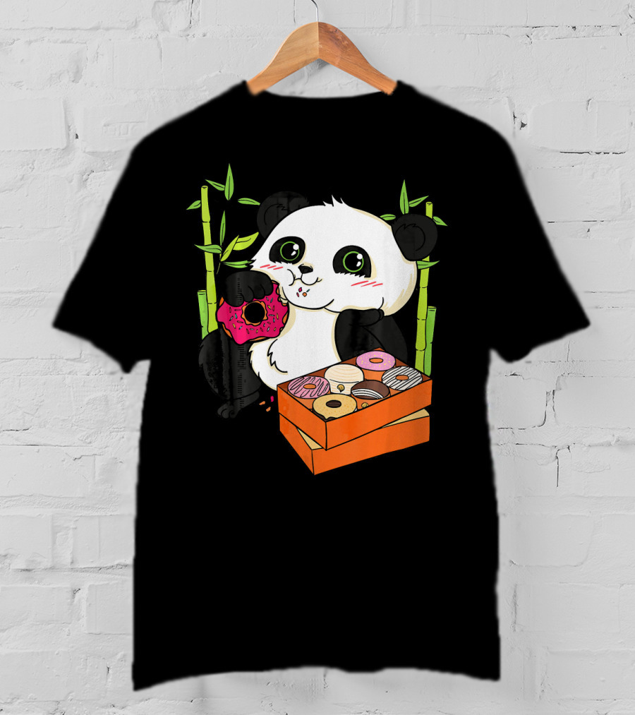 Panda Enjoying Box Of Colorful Donuts With Bamboo Background T-Shirt