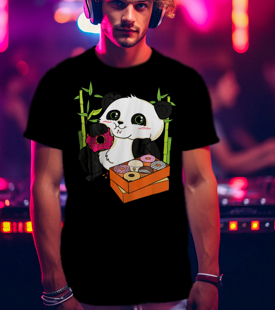 Panda Enjoying Box Of Colorful Donuts With Bamboo Background T-Shirt
