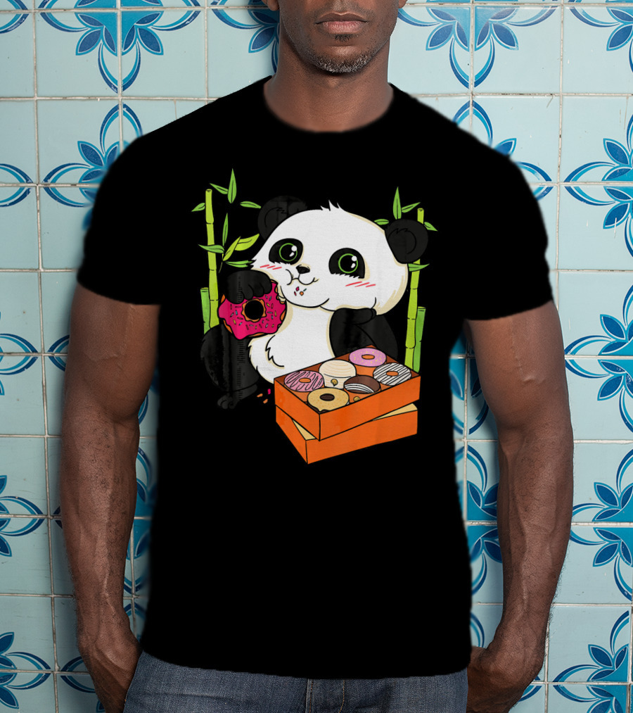 Panda Enjoying Box Of Colorful Donuts With Bamboo Background T-Shirt