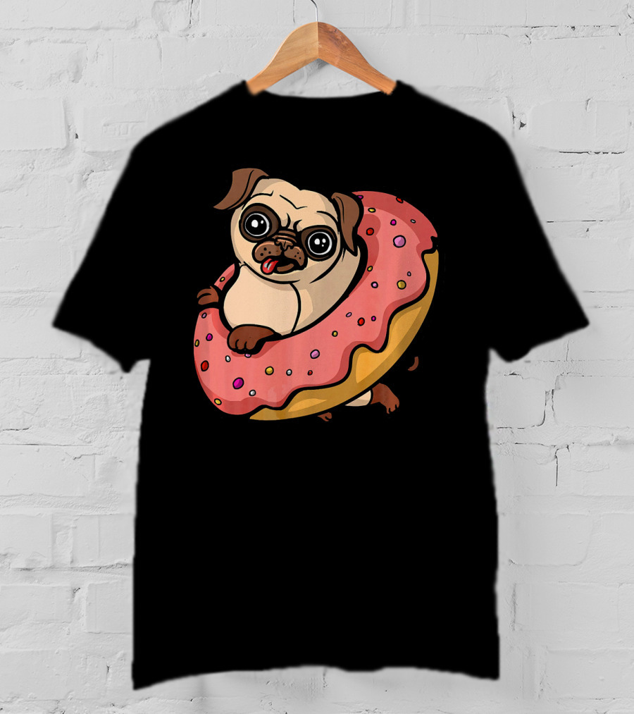 Pug Dog With Pink Frosted Donut Lover T-Shirt