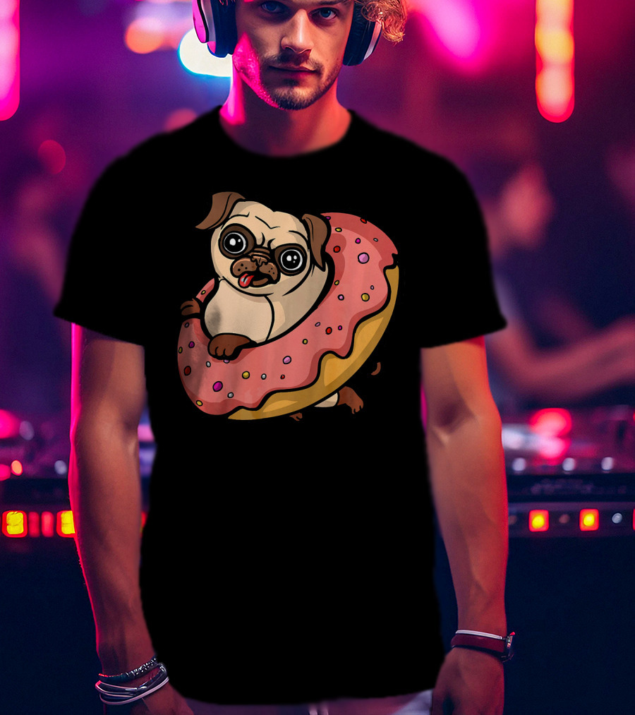 Pug Dog With Pink Frosted Donut Lover T-Shirt