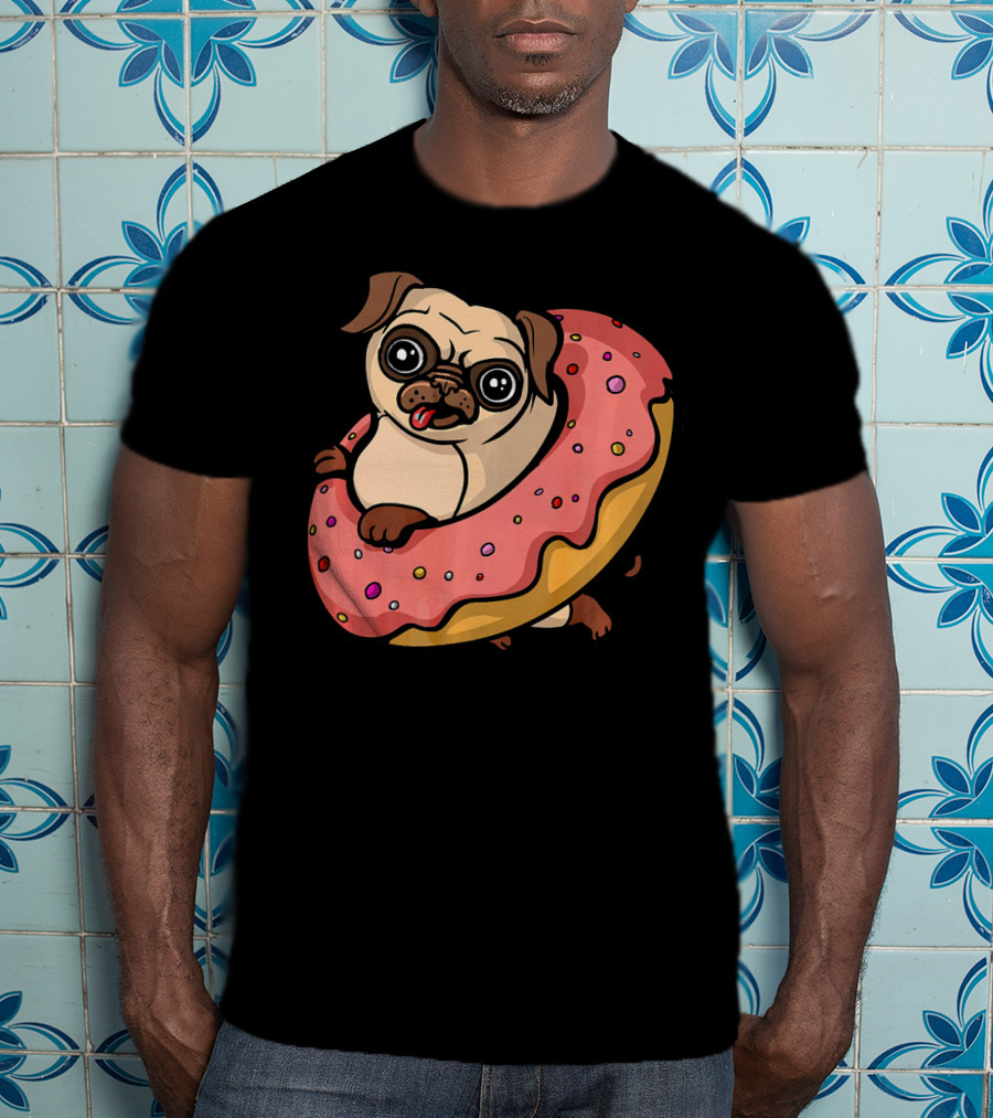 Pug Dog With Pink Frosted Donut Lover T-Shirt