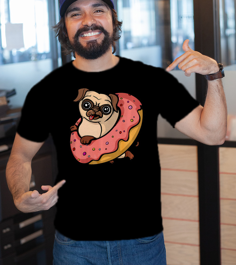 Pug Dog With Pink Frosted Donut Lover T-Shirt