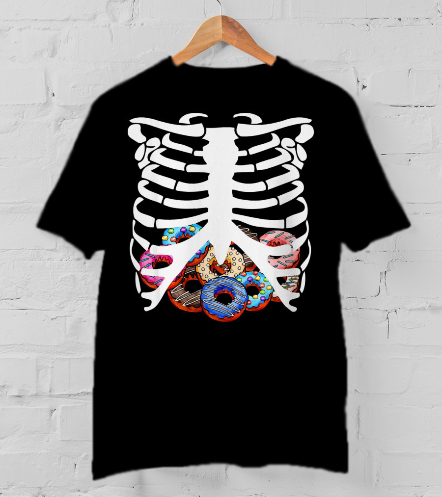 Halloween Skeleton Ribcage With Colorful Donut Food T-Shirt