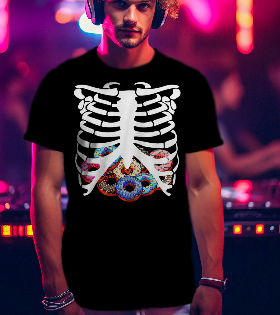 Halloween Skeleton Ribcage With Colorful Donut Food T-Shirt