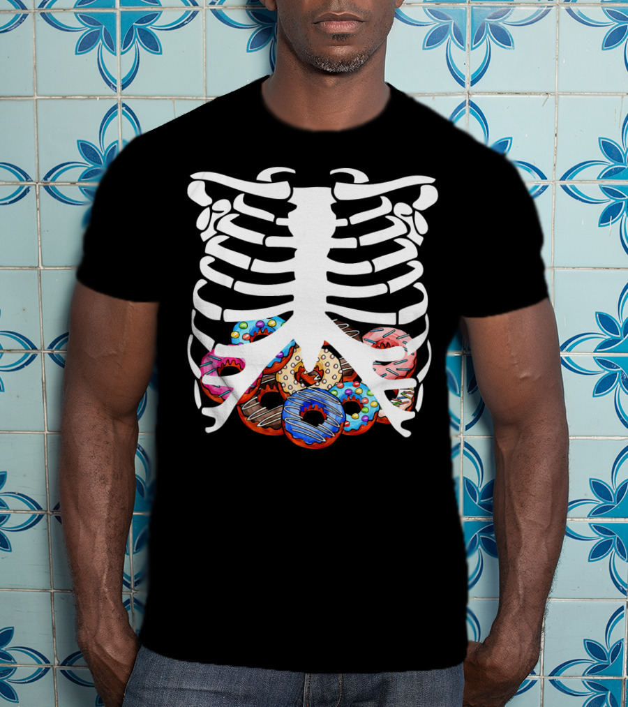 Halloween Skeleton Ribcage With Colorful Donut Food T-Shirt