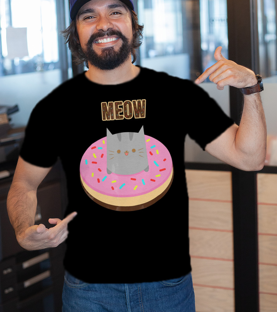 MEOW Adorable Cat Sitting In Colorful Donut T-Shirt