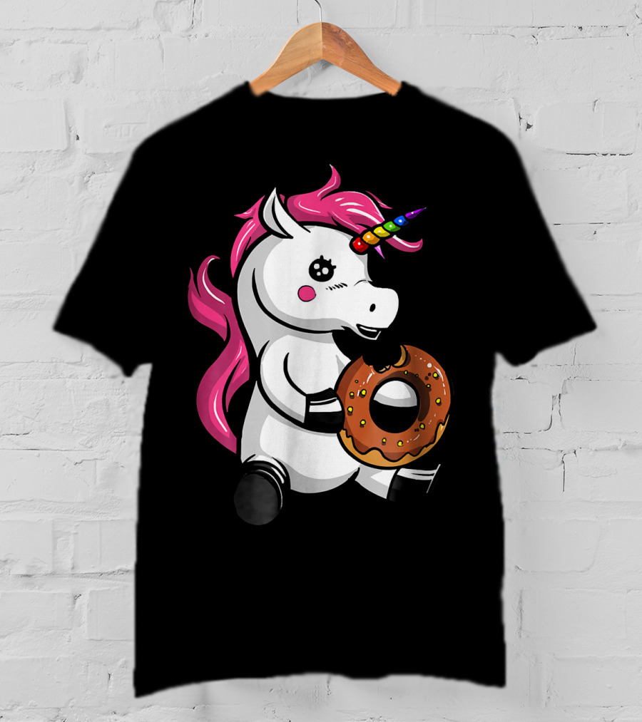 Magical Unicorn With Rainbow Horn Enjoying Chocolate Donut T-Shirt