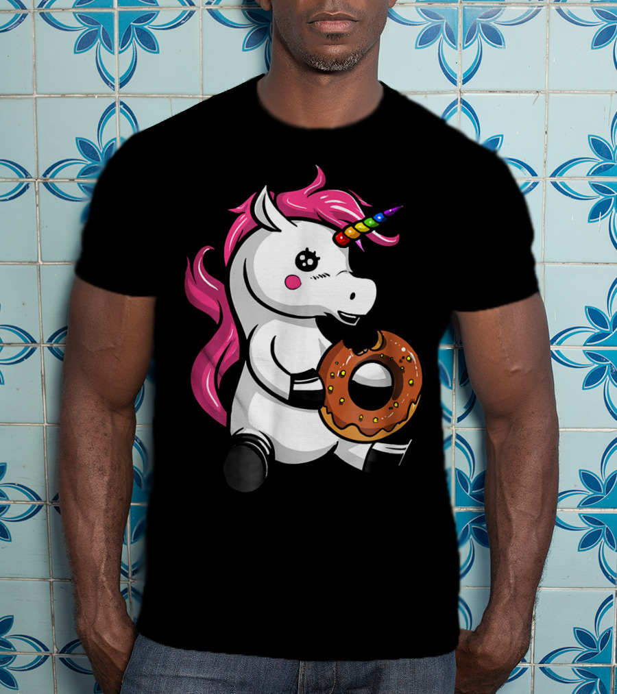 Magical Unicorn With Rainbow Horn Enjoying Chocolate Donut T-Shirt