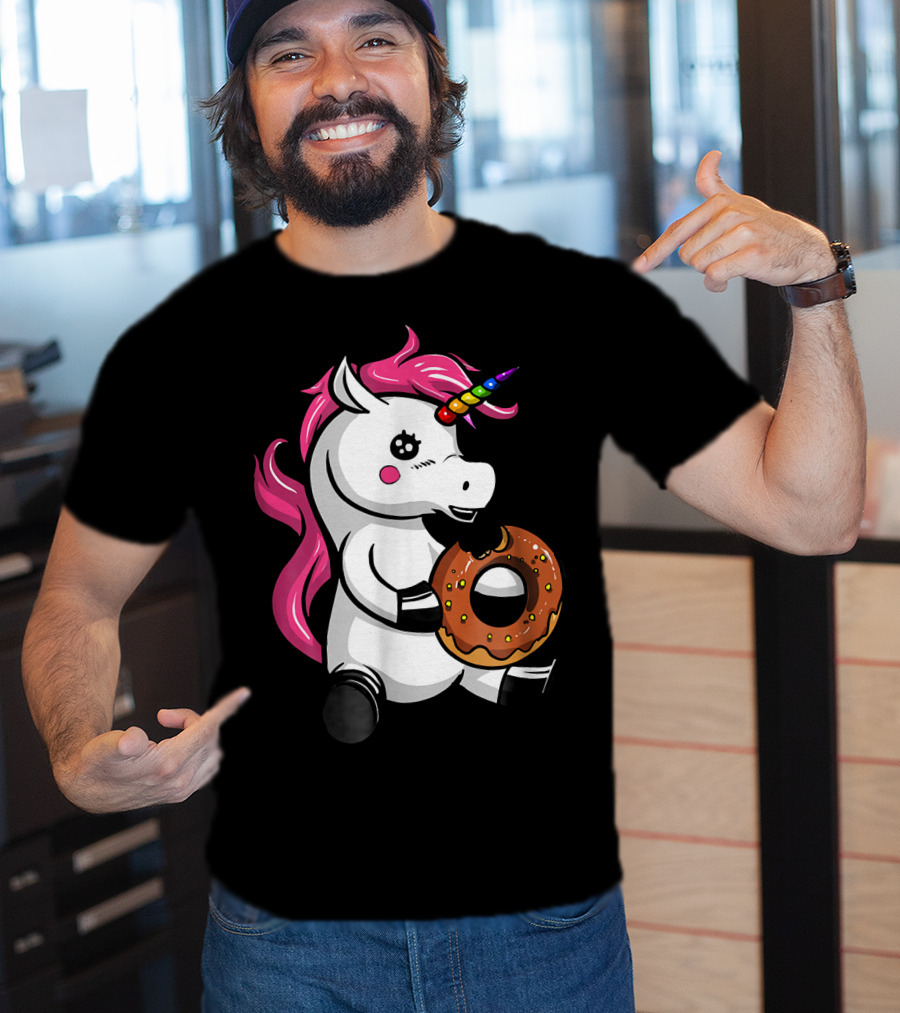Magical Unicorn With Rainbow Horn Enjoying Chocolate Donut T-Shirt