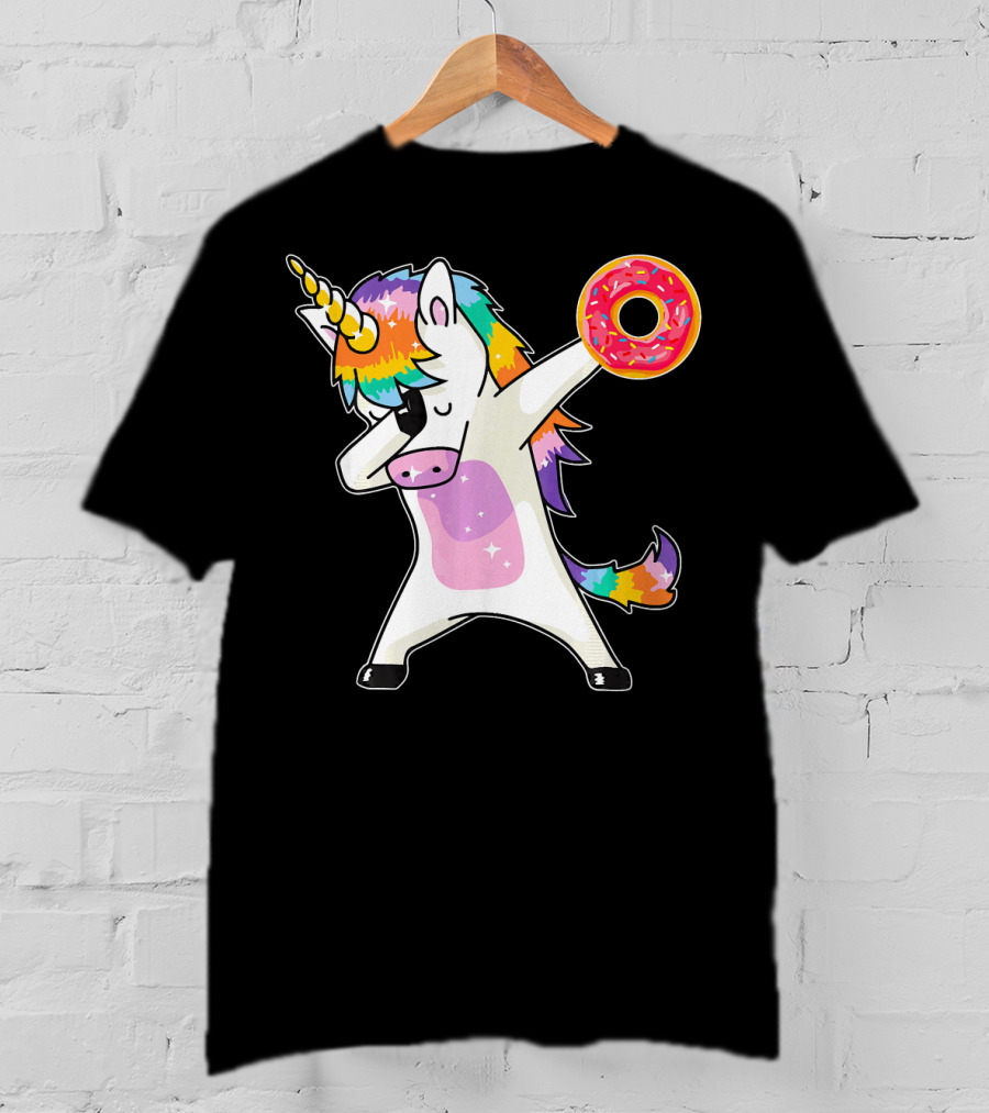Cute Dabbing Rainbow Unicorn Holding Doughnut Donut T-Shirt