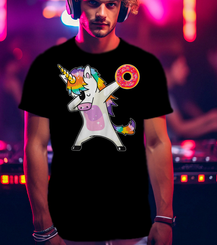 Cute Dabbing Rainbow Unicorn Holding Doughnut Donut T-Shirt