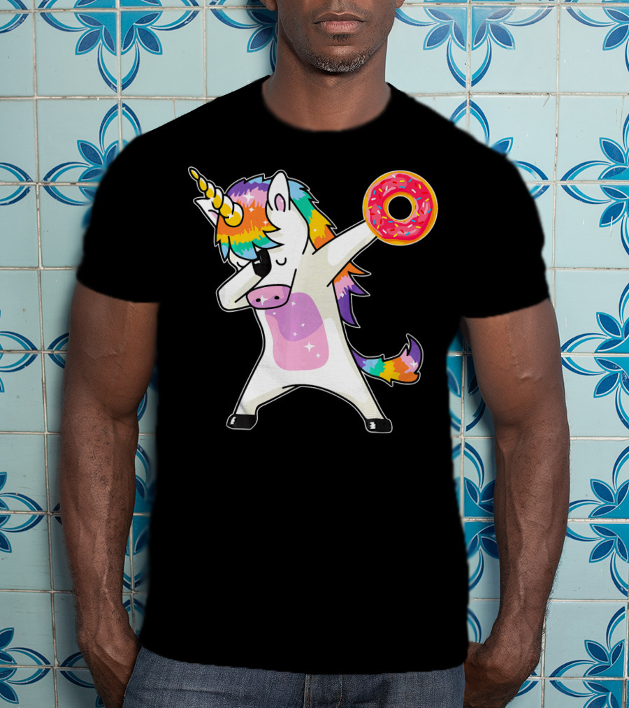 Cute Dabbing Rainbow Unicorn Holding Doughnut Donut T-Shirt