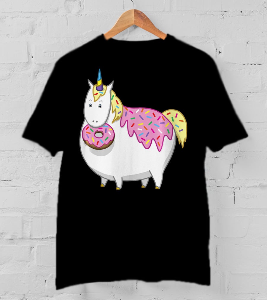 Funny Cute Fat Unicorn With Pink Frosting Doughnut T-Shirt