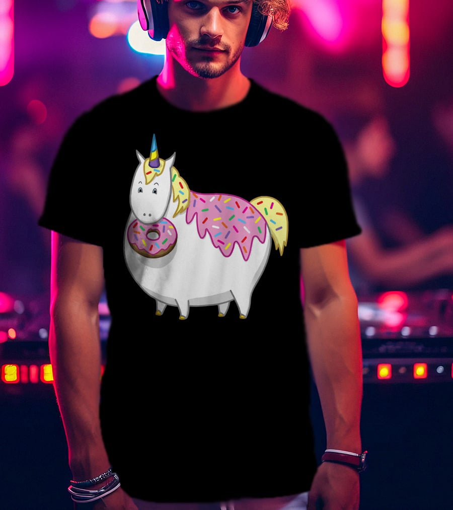 Funny Cute Fat Unicorn With Pink Frosting Doughnut T-Shirt