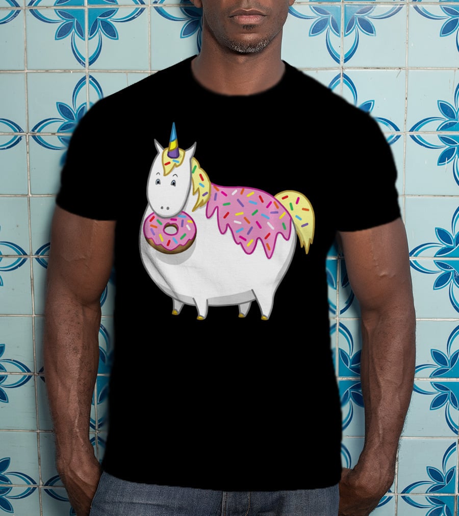 Funny Cute Fat Unicorn With Pink Frosting Doughnut T-Shirt