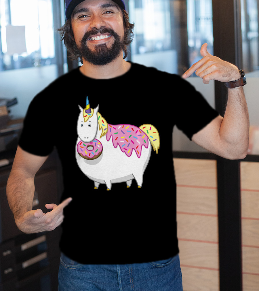 Funny Cute Fat Unicorn With Pink Frosting Doughnut T-Shirt