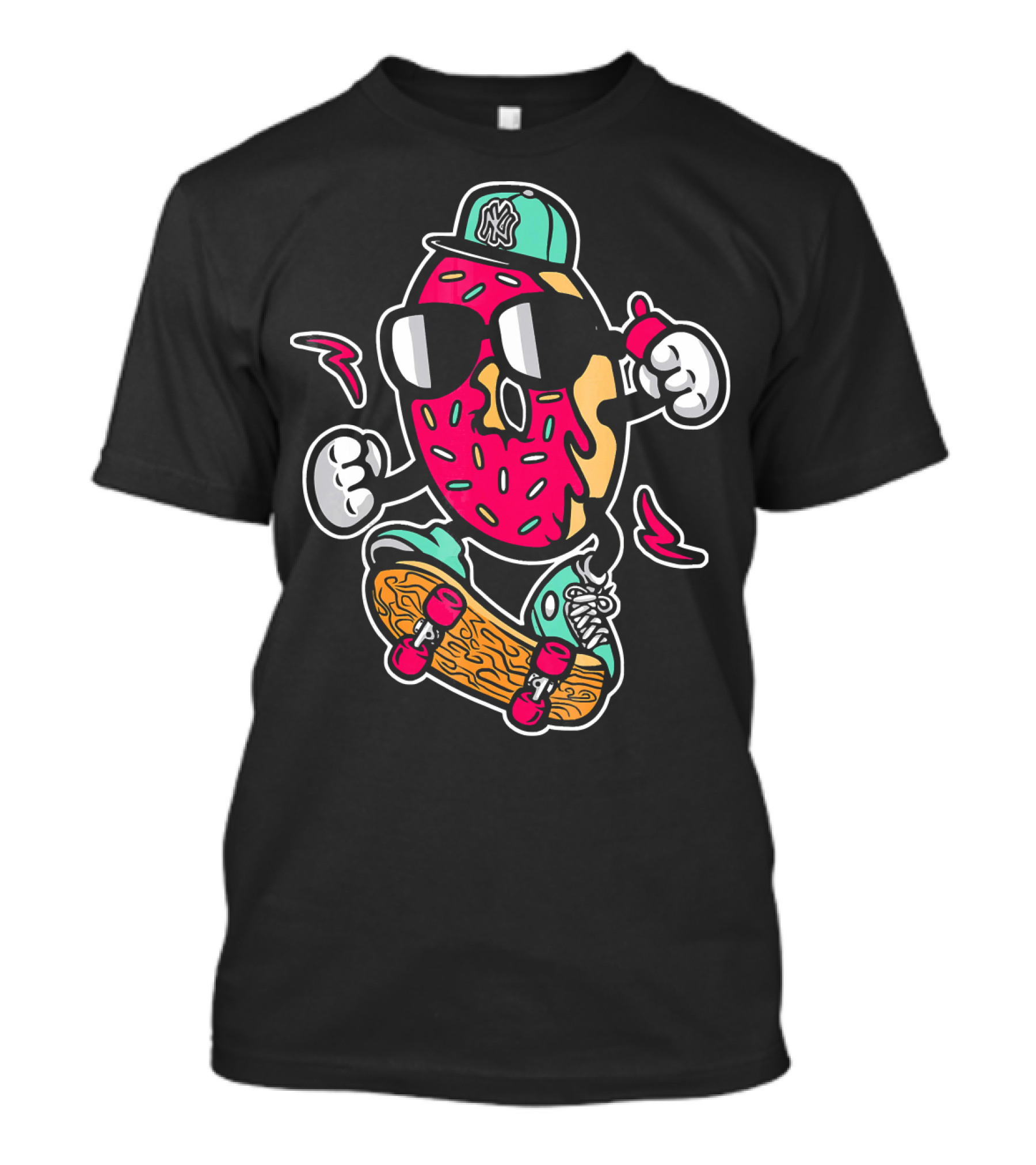 Cute Funny Unique Donut Skateboard Car With NY Hat T-Shirt