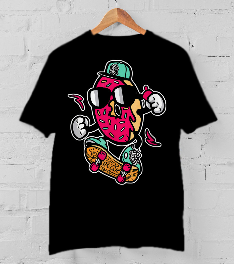 Cute Funny Unique Donut Skateboard Car With NY Hat T-Shirt
