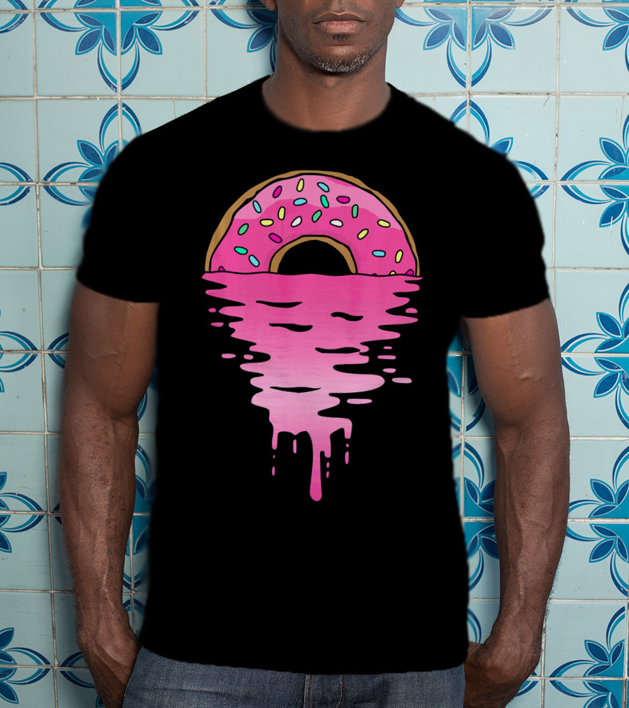 Pink Glazed Donut Melting Into Sunset Horizon T-Shirt