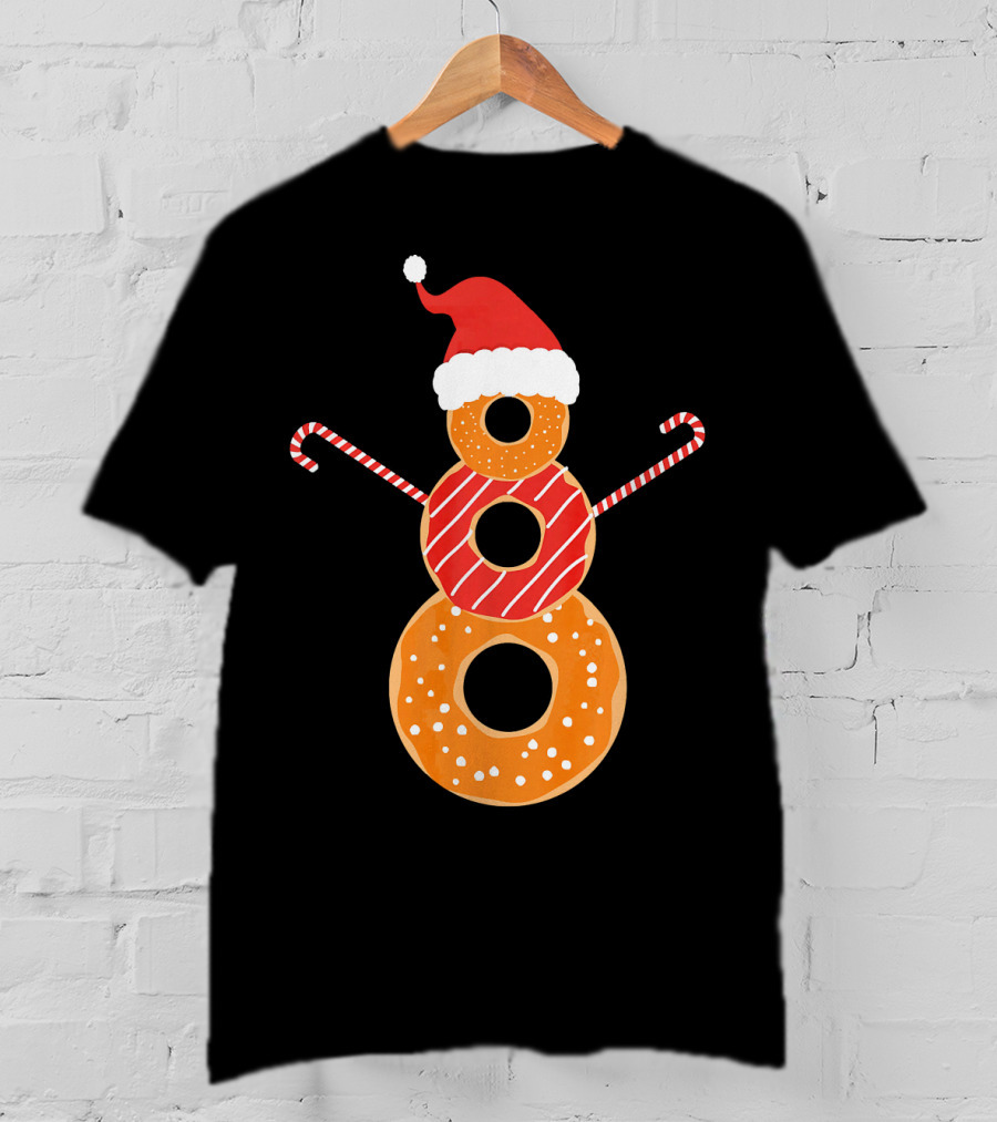 Santa Hat Donuts Doughnut Snowman With Candy Cane Arms T-Shirt