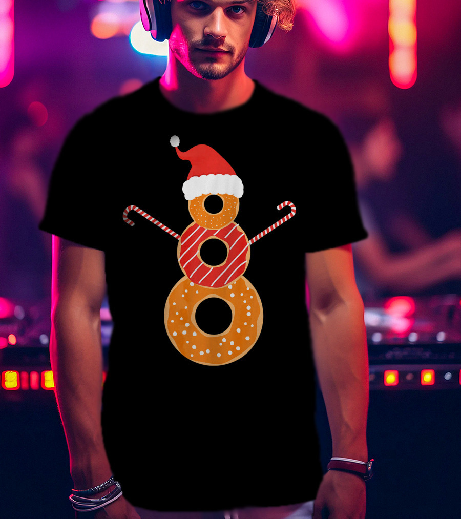 Santa Hat Donuts Doughnut Snowman With Candy Cane Arms T-Shirt