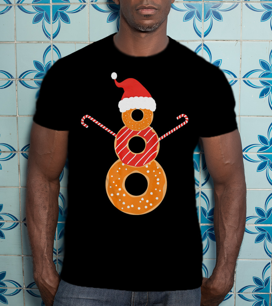 Santa Hat Donuts Doughnut Snowman With Candy Cane Arms T-Shirt