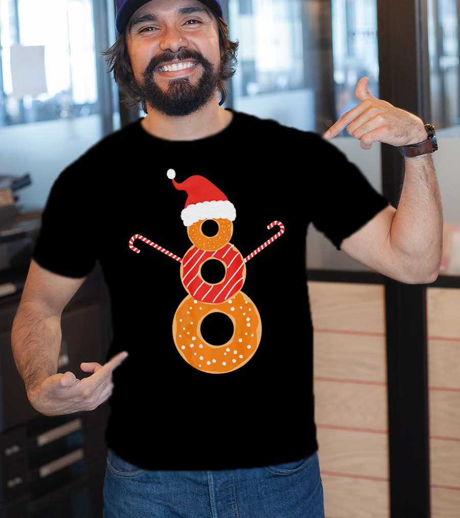 Santa Hat Donuts Doughnut Snowman With Candy Cane Arms T-Shirt