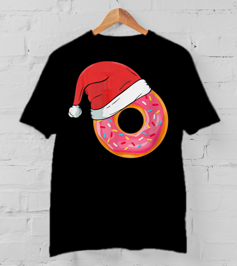 Santa Hat On Sprinkled Donut Holiday Humor T-Shirt